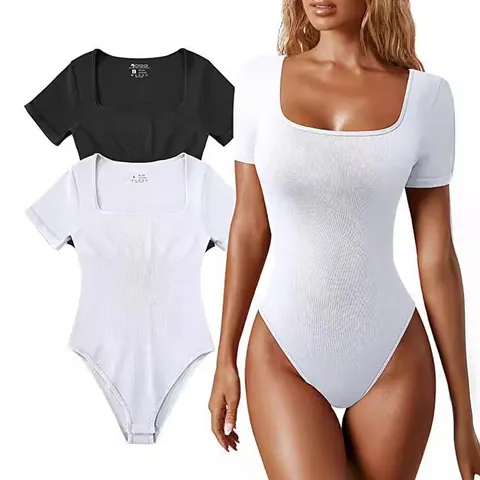 Women Ribbed Square Neck Short Sleeve Bodysuit Polyester Knitted Slim Fit Solid Color Romper Summer Casual Basic Body Top