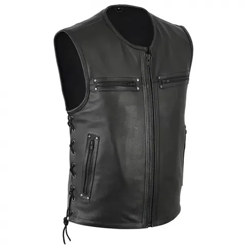 Men Motorcycle Genuine Horsehide Leather Vest Punk Rivet Side Lace Up Zipper Sleeveless Jacket Loose Biker Club Riding Top