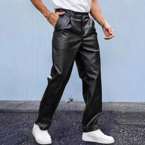 Men Vintage Casual Windproof PU Leather Pants Loose Trendy Straight Leg Motorcycle Riding Trousers Solid Color Black Bottoms