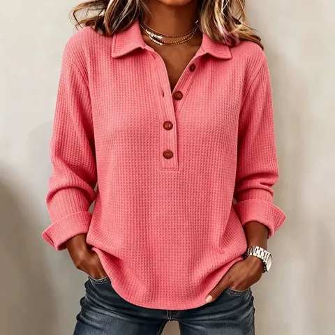 Polo da Donna a Trama a Nido d'Ape a Manica Lunga Vestibilità Ampia Colletto a Revers Top con Bottoni Tinta Unita Casual Autunno Primavera