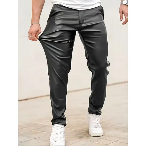 Men's PU Leather Moto Pants Slim Fit Solid Color Black Casual Faux Leather Trousers For Streetwear Motorcycle Biker Fashion Bottom