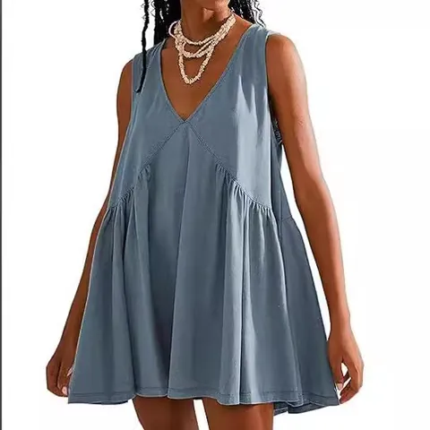 Women Sleeveless V Neck Pleated Dress With Pockets Casual Loose Babydoll Mini Dress Summer Cotton Solid Color A-Line Sundress