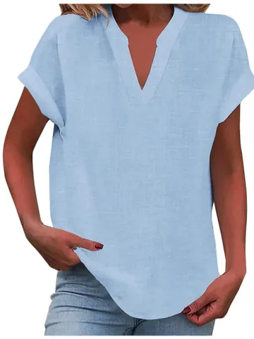 Women V Neck Short Sleeve Top Cotton Linen Casual Loose Solid Color Rolled Sleeve Summer T-Shirt Plus Size Pullover Blouse