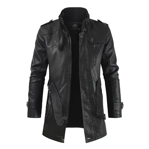 Men Mid-length Polyester PU Leather Trench Coat Korean Slim Fit Stand Collar Jacket Plus Size Fashion Business Casual Top