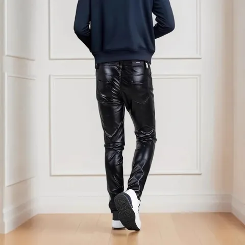 Men Slim Fit PU Leather Pants Solid Color Casual Motorcycle Biker Trousers Five Pocket Design Black Skinny Pants For Men