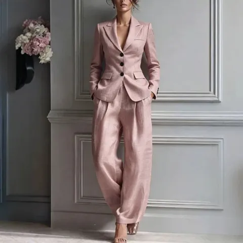 Women Business Casual Suit Single Breasted Blazer and Wide Leg Pants Top And Bottom for Autumn Winter Office Workwear Fashion Style