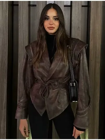 Veste en Similicuir Vintage pour Femmes avec Ceinture Col Châle Laçage Épaule Couleur Unie Manches Longues Manteau PU Top