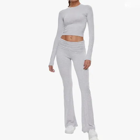 Women's Sexy Solid Color Long Sleeve Crop Top And Low Waist Flared Pants Two-Piece Outfit Polyester Spandex Casual Streetwear