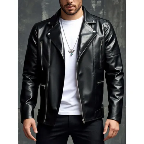 Men's European American Biker Vinylon Jacket Lapel Collar Zipper Motorcycle PU Leather Coat Slim Fit Fashion Outerwear