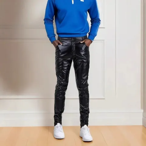 Men Slim Fit PU Leather Pants Solid Color Casual Motorcycle Biker Trousers Five Pocket Design Black Skinny Pants For Men