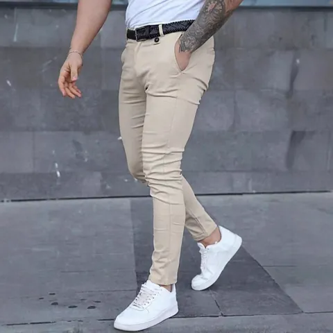 Men Slim Fit Casual Pants Solid Color Small Leg Chinos Business Trousers Cotton Blend Fashion Male Clothing Bottoms