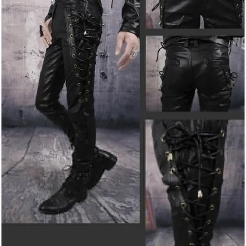 Men's Punk Rock PU Synthetic Leather Pants Lace-Up Side Detail Motorcycle Biker Slim Fit Trousers Solid Color Men's Bottom