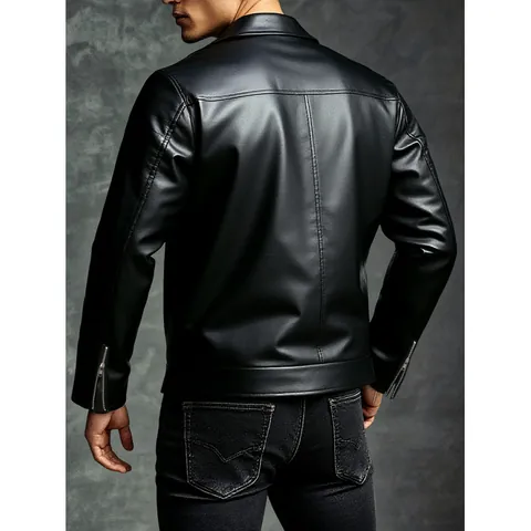 Men's European American Biker Vinylon Jacket Lapel Collar Zipper Motorcycle PU Leather Coat Slim Fit Fashion Outerwear