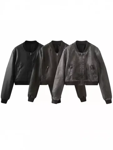 Giacca Bomber in Ecopelle da Donna Stile Moto Americano Collo in Piedi Chiusura a Zip Giubbotto Biker Corto