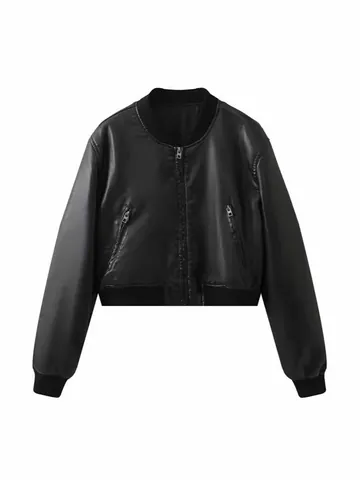 Giacca Bomber in Ecopelle da Donna Stile Moto Americano Collo in Piedi Chiusura a Zip Giubbotto Biker Corto