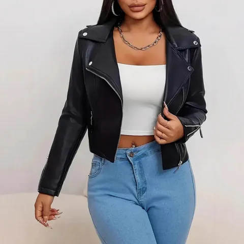 Giacca Biker da Donna in Ecopelle Moto Giubbotto in PU Vestibilità Aderente Capospalla Corto Top Con Cerniera in Metallo E Cintura