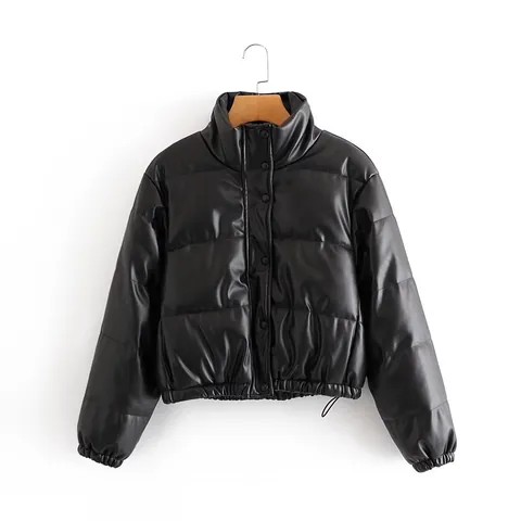 Women Casual Stand Collar Solid PU Leather Short Cotton Padded Jacket Winter Warm Long Sleeve Zipper Outerwear