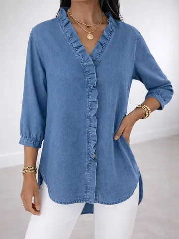 Camicetta da Donna Casual in Stile Denim Scollo a V con Volant Tinta Unita Manica a 3/4 Top Moda per il Lavoro Quotidiano