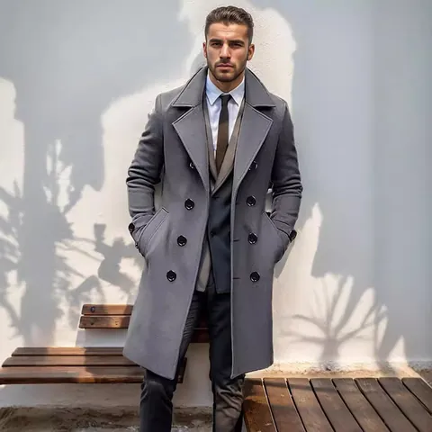 Men Business Long Overcoat Double Breasted Woolen Look Polyester Lapel Overcoat European Size Winter Warm Casual Top Coat
