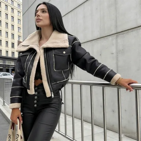 Γυναικείο Κοντό Μπουφάν Μοτοσικλέτας από Δέρμα PU Με Μπαλώματα από Τεχνητό Μαλλί Προβάτου Ζεστό Πυκνό Γιακάς με Στροφή Φερμουάρ Top