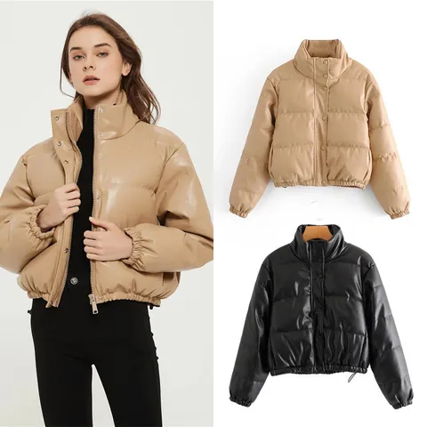 Women's Casual PU Faux Leather Puffer Jacket Stand Collar Quilted Warm Cotton Coat Solid Color Short Padded Jacket Outwear Top