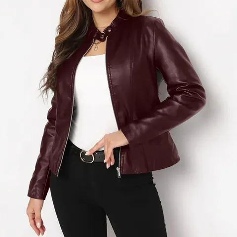 Women's Plus Size PU Faux Leather Moto Jacket Short Stand Up Collar Slim Fit Biker Coat Long Sleeve Zip Up Autumn Outerwear