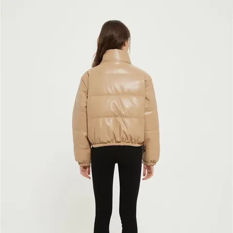 Women's Casual PU Faux Leather Puffer Jacket Stand Collar Quilted Warm Cotton Coat Solid Color Short Padded Jacket Outwear Top