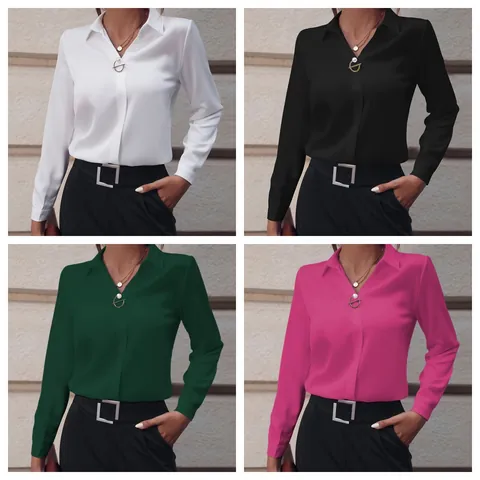 Camisa de Manga Larga de Poliéster Elegante para Mujer Color Sólido Minimalista Solapa Blusa Casual Viaje Trabajo Oficina
