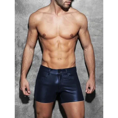 Men PU Leather Shorts Sexy Metallic Solid Color Slim Fit Faux Leather Hot Pants Party Clubwear Fashion Bottoms