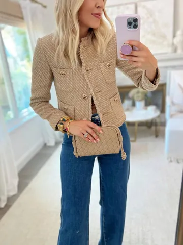 Damen Mode Tweed Jacke Casual Kurzmantel Goldknöpfe Fransen Oberbekleidung Herbst Winter Metallic Seidentextur Kleidung