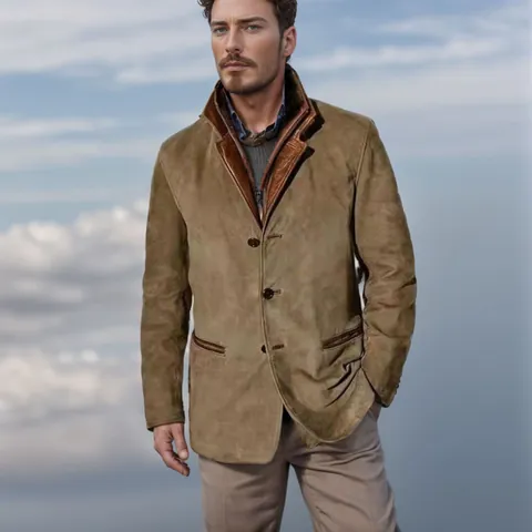 Men's Fashion Vintage Color Block Patchwork Jacket Casual Lapel Single Breasted Outwear Top Polyester Suede Style Spring Fall Coat
