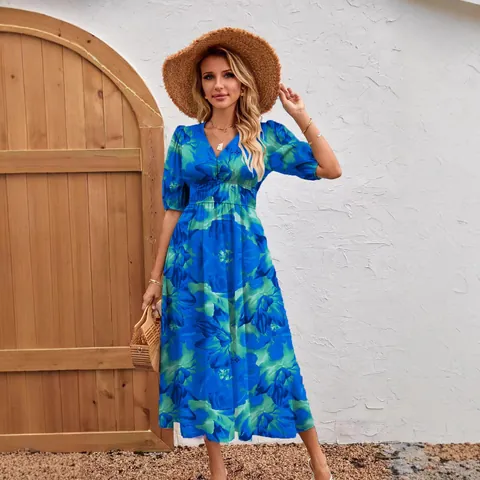 Robe à Imprimé Mode pour Femmes Col en V Manches Bouffantes Robe Longue Trapèze Géométrique Florale pour Vacances d'Été Robe Midi Élégante