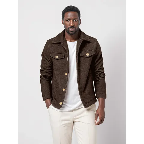 Men Fashion Woolen Jacket Single Breasted Lapel Solid Color Warm Autumn Winter Casual Urban Top For Young Men Clothing