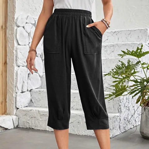 Women Casual Cotton Linen Blend Casual Pants Elastic Waist Loose Straight Leg Capri Trousers With Big Pockets