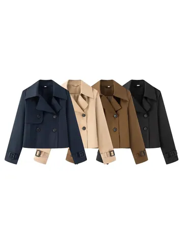 Women Double Breasted Short Trench Coat Polyester Lapel Long Sleeve Solid Color Slim Fit Autumn Outerwear Casual Streetwear Top