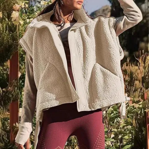 Women Warm Sherpa Vest Solid Color Loose Polyester Cotton Fleece Sleeveless Top For Casual Outdoor Winter Fall Jacket Top