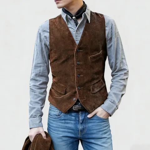 Men Vintage Corduroy Vest Casual British Style Slim Fit Waistcoat American Workwear Solid Color Multi Pockets Top V Neck