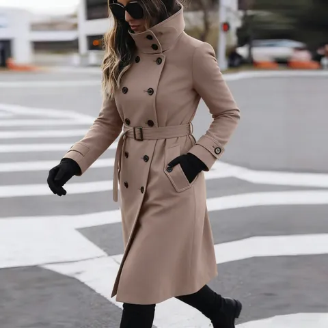 Women's European Style Mid-Long Woolen Coat Solid Color Belted Winter Jacket With Buttons Fashion Slim Outwear Warm Overcoat