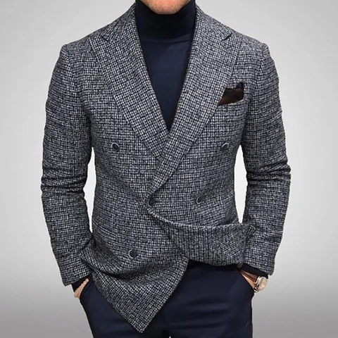 Men's Vintage British Style Plaid Blazer Slim Fit Double Breasted Suit Jacket Casual Checkered Outerwear Coat for Men