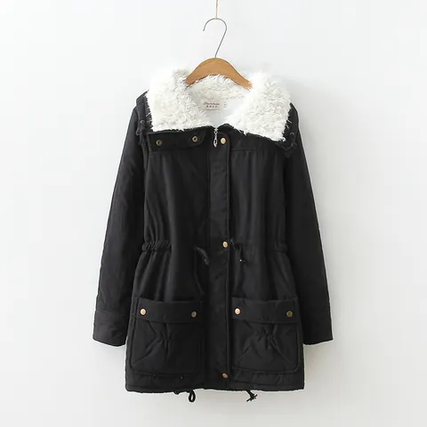 Women Casual Padded Jacket Lapel Artificial Lamb Wool Collar Drawstring Waist Parka Outerwear With Big Pockets Warm Winter Coat Top
