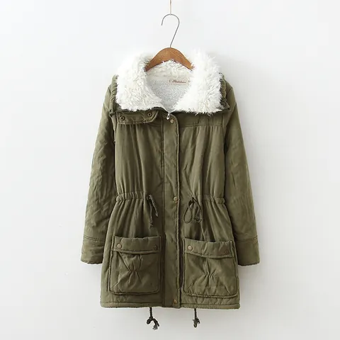 Women Casual Padded Jacket Lapel Artificial Lamb Wool Collar Drawstring Waist Parka Outerwear With Big Pockets Warm Winter Coat Top