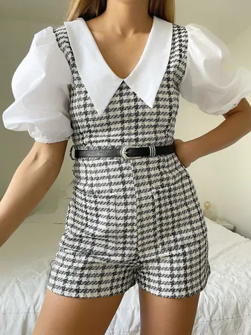 Women Plaid Patchwork Romper Puff Sleeve Peter Pan Collar Jumpsuit With Belt Elegant Contrast Summer One Piece Playsuit