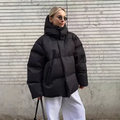Women's Oversized Padded Jacket Hooded Puffer Coat Thickened Loose Warm Outerwear Quilted Streetwear Zipper Jacket Top