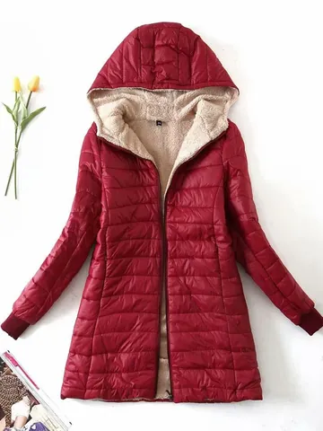 Women Winter Mid Length Padded Jacket Hooded Sherpa Lined Quilted Slim Fit Cotton Coat Windproof Warm Outwear Top