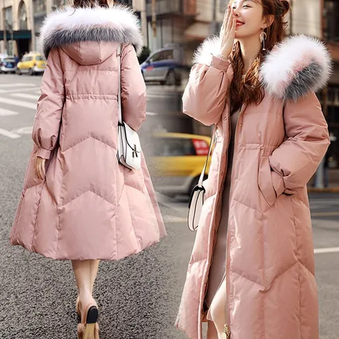 Women's Long Puffer Parka Jacket with Large Faux Fur Trim Hood Over-the-Knee Quilted Cotton Padded Winter Coat for Ladies