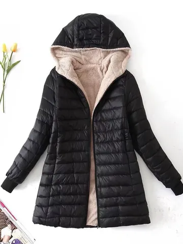 Women Winter Mid Length Padded Jacket Hooded Sherpa Lined Quilted Slim Fit Cotton Coat Windproof Warm Outwear Top