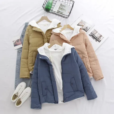 Women Cotton Padded Jacket With Artificial Lamb Wool Lining Hooded Quilted Thickened Warm Casual Short Padded Top For Winter