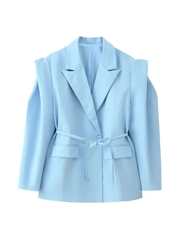 Blazer Femme Style Européen Polyester Lacet de Taille Épaules Rembourrées Veste Décontractée Streetwear Floral Top