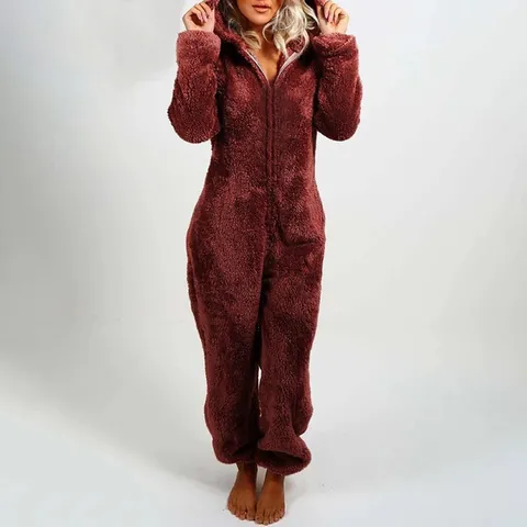 Women's Solid Color Hooded Long Sleeve Plush Jumpsuit One Piece Pajamas Front Zipper Loungewear Cozy Fleece Romper