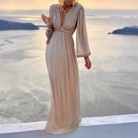Women Elegant V-Neck Long Sleeve Sequin Maxi Dress Luxurious Glitter Evening Party Dress Wedding Guest Formal Gown Long Dress